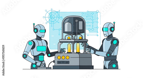 Robots collaborating on industrial machine production line in factory.