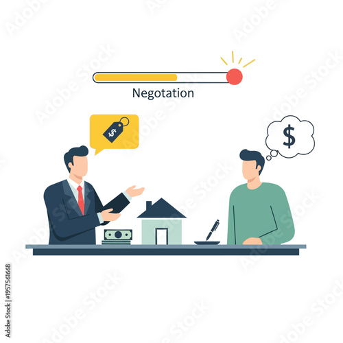 Real Estate Negotiation: Agent and Buyer Discussing House Price with Money and Dollar Sign