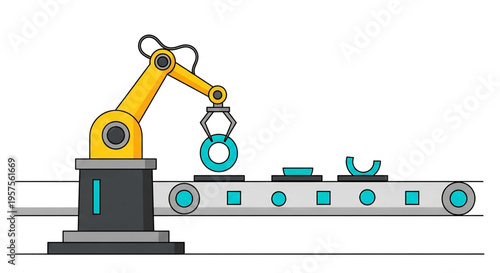 Robotic arm assembling items on conveyor belt in automated factory.