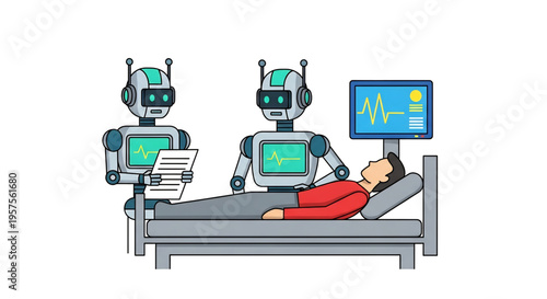 Medical robots assisting patient in hospital bed with monitoring system
