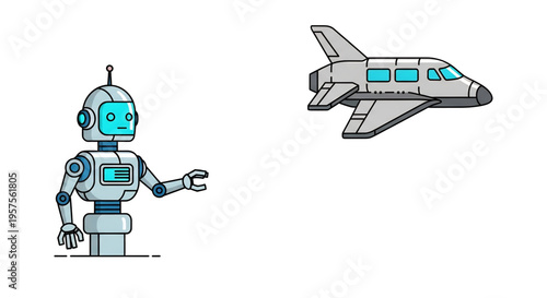 Robot standing near flying aircraft symbolizing aviation technology.
