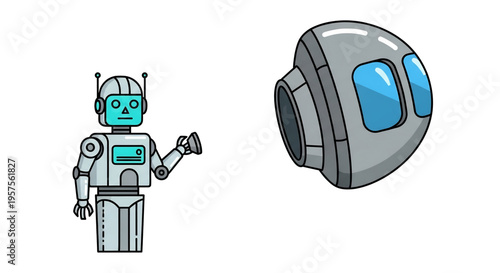 Robot interacting with floating device or futuristic equipment.
