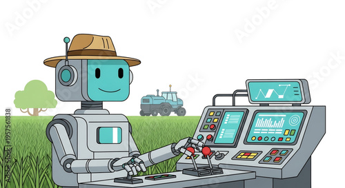 Robot farmer operating control panel in smart agriculture field.
