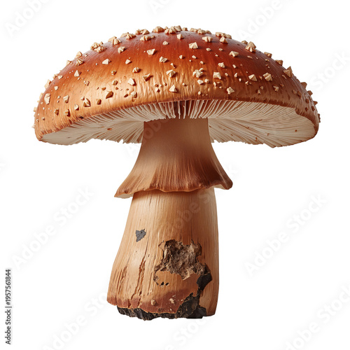 Mushroom With a Brown Cap and White Spots on a Wooden Surface in a Natural Se...