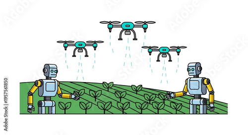 Drones spraying crops over agricultural field automatically.