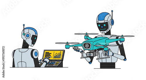 Robot controlling drone and analyzing data on laptop.