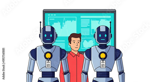 Human interacting with robots on digital interface screen.