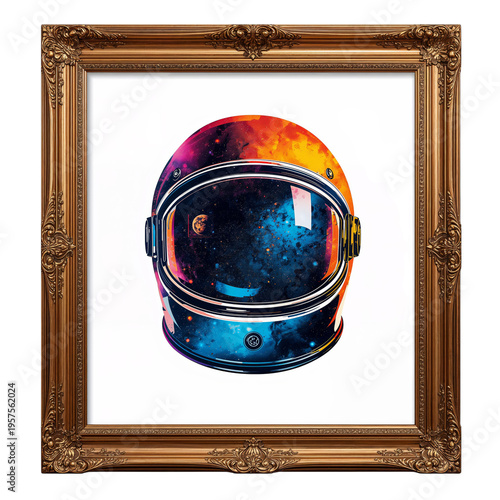 Colorful Astronaut Helmet Art in a Decorated Frame on a White Background