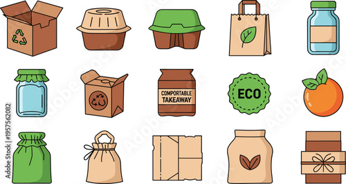Eco friendly packaging and sustainable containers set, flat vector illustrations of biodegradable boxes, reusable glass jars, paper bags and recycle symbols isolated on white