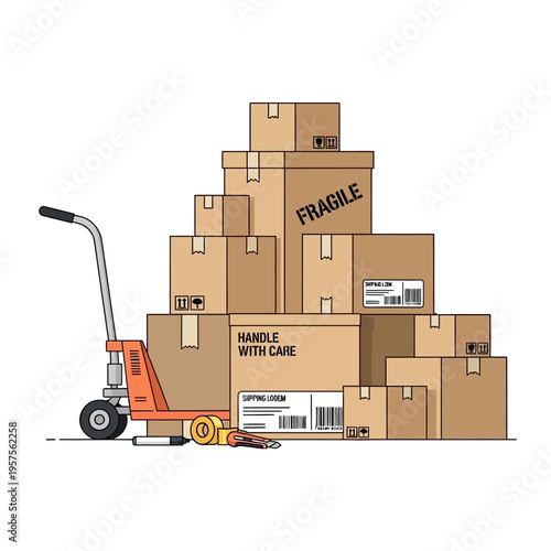 Stack of Cardboard Boxes with Pallet Jack and Tape Gun - Shipping and Logistics Concept
