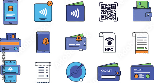 Set of digital payment and mobile wallet icons, flat vector illustrations of contactless NFC payments, QR codes, e-wallets and digital receipts isolated on white