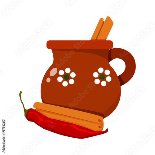 Spicy Mexican Hot Chocolate in Clay Cup with Cinnamon and Pepper for Cinco de Mayo