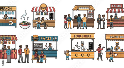 Street Food Stalls and People Enjoying Outdoor Dining Scenes