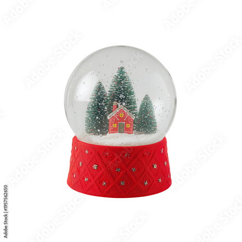 Snow Globe Showing a House and Trees During a Winter Scene With Red Base and ...