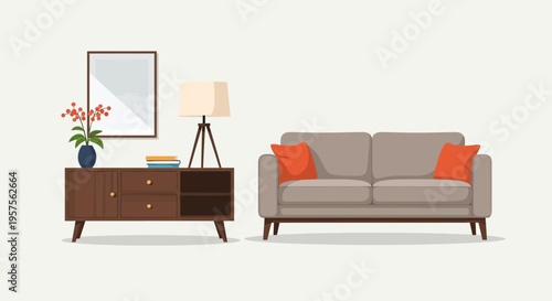Mid-century modern living room interior with sofa, credenza, lamp, and artwork.