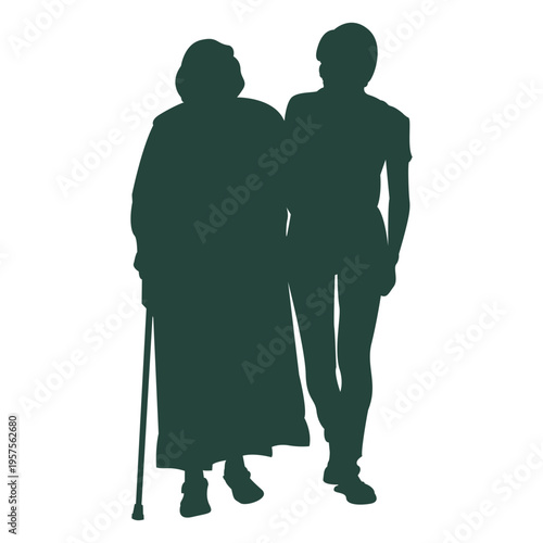 Elder adult walking side by side silhouette