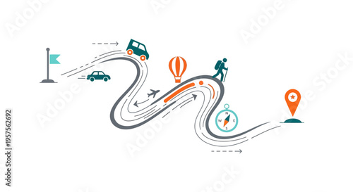 Journey and Adventure Vector Illustration: Path, Travel, Destination, and Transportation Icons