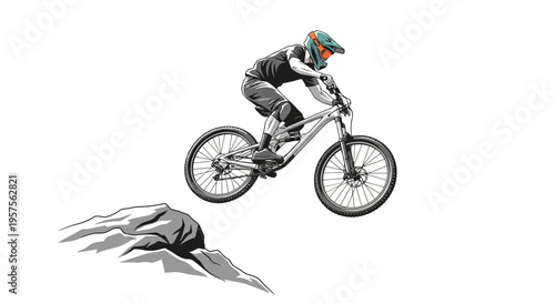 Mountain biker in full gear jumps over a rock obstacle on a white background