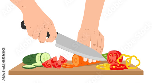 Hands chopping fresh vegetables on a cutting board with a knife, healthy food preparation.