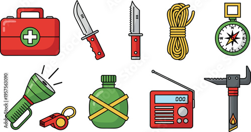 Survival gear and outdoor adventure equipment set, flat vector illustrations of first aid kit, hunting knives, compass, canteen and emergency radio isolated on white