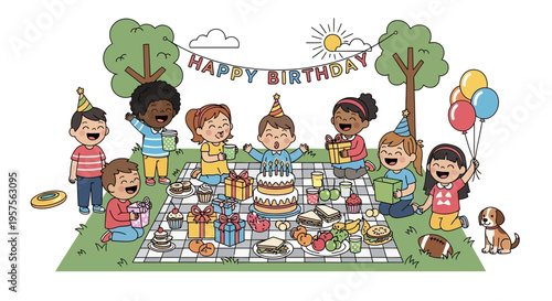 Diverse Kids Celebrate Birthday Picnic Party Outdoors with Cake, Gifts, and Balloons