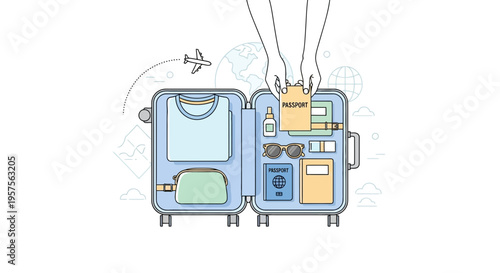 Packing Suitcase for Travel: Clothes, Passport, Sunglasses, Toiletries, and Travel Documents