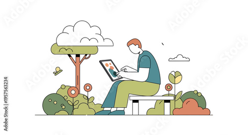 Artist drawing on tablet in nature, creative outdoor workspace, digital art and design inspiration