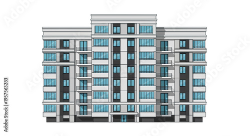 Modern Apartment Building Facade with Balconies and Blue Windows