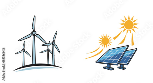 Wind Turbines and Solar Panels: Renewable Energy Sources Illustration