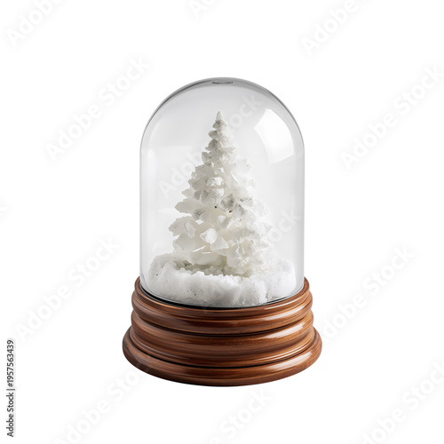 Snow Globe With White Tree and Wooden Base on Display in a Bright Room During...