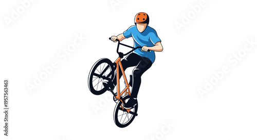 BMX Rider Performing Wheelie on Orange Bicycle, Action Sport