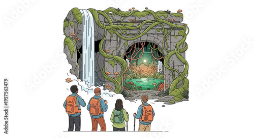Adventurers Discover Glowing Crystal Cave Entrance with Waterfall and Lush Overgrowth