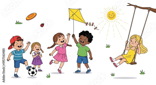 Diverse children playing soccer, flying kite, and swinging on sunny day