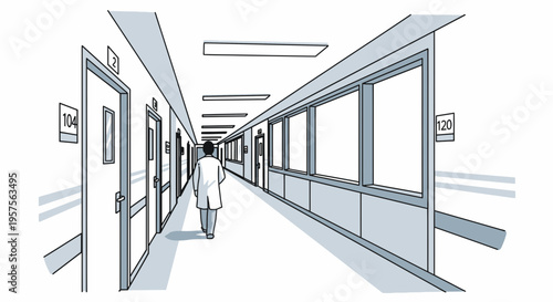 Doctor walking down a sterile hospital corridor with doors and windows
