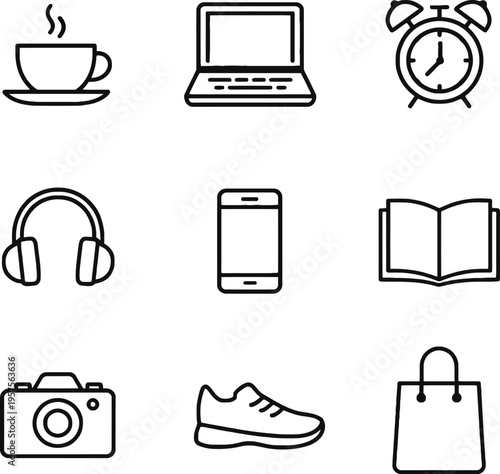 Everyday lifestyle and daily routine outline vector icon set