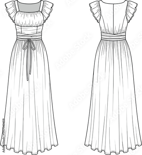 Fashion Technical Sketch of a Women's Regency Style Empire Waist Maxi Dress with Flutter Sleeves and Wrap Tie Waist Detail