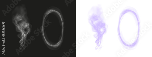 Set of realistic smoke effects including swirling plume and circular smoke ring. Soft, semi-transparent vapor isolated on dark background, ideal for visual effects, overlays, and creative compositions