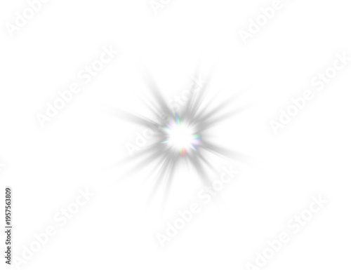Bright white starburst flare with sharp radiant spikes and subtle rainbow diffraction, intense light explosion effect isolated on black background, ideal for highlights, lens flare, or dramatic
