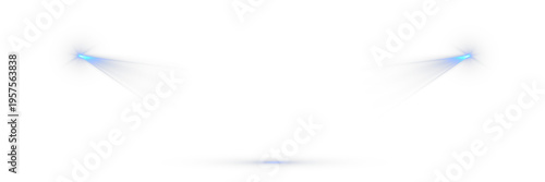 Symmetrical blue light beams with glowing flares on both sides and soft spotlight reflection below, abstract futuristic illumination effect on dark background, ideal for stage lighting or sci-fi
