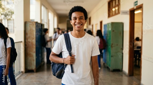 Smiling Brazilian high school student in white uniform at school hallway