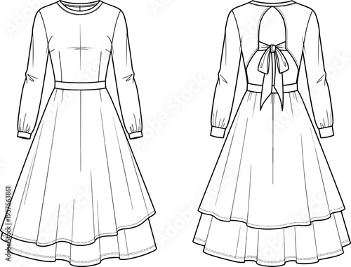 Long Sleeve Modest Midi Dress Vector Illustration Technical Sketch Featuring A Tied Back Bow Cutout And Double Layered Flared Skirt