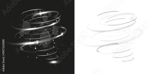 Abstract white light swirl with glowing trails and sparkling particles, dynamic spiral energy effect isolated on dark background, elegant motion lines with luminous highlights.
