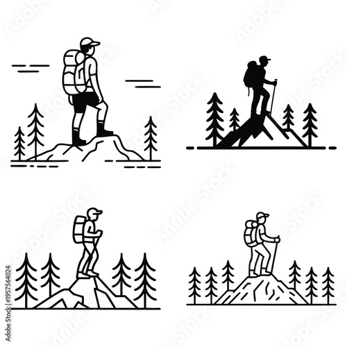 Hiking and backpacking line art icons, outdoor adventure icons of traveler on mountain peak