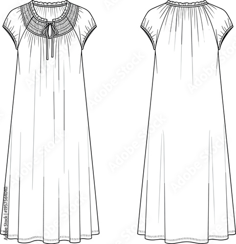 Technical Flat Sketch of Women’s Smocked Yoke Nightgown Loungewear Dress with Cap Sleeves and Front Tie Detail for Fashion Design