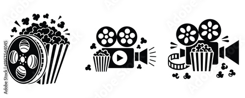 Cinema and movie industry icons, set of popcorn and vintage film camera illustrations for theater