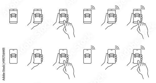 Mobile phone car app. Online auto service. Vehicle symbol on screen of smartphone. Device with telephone signal or internet communications. Set of outline icons (thin line vector). Editable Strokes