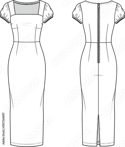 Women Square Neck Puff Sleeve Column Midi Dress Technical Flat Sketch Fashion Illustration Vector CAD Template for Apparel Design Development