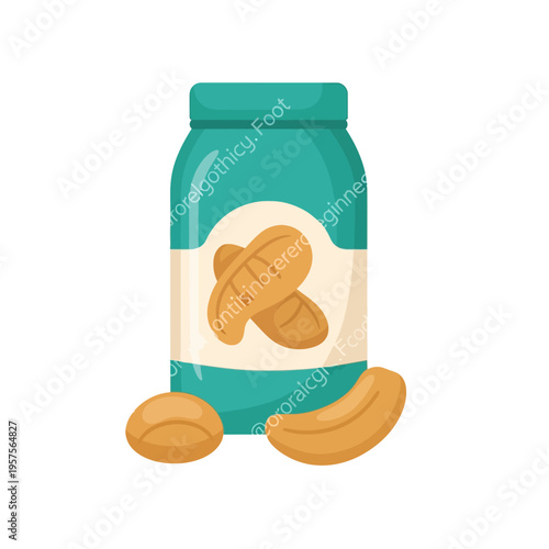 Jar of peanut butter with peanuts on a white background, healthy food illustration