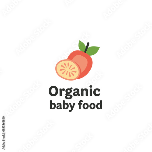 Simple flat icon of organic baby food with sliced peach and leaves on white background
