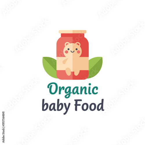 Cute organic baby food jar with a bear illustration and green leaves, healthy food concept